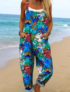 Hot Women's Dungarees Active Graphic Sleeveless Wide Leg Print Vacation Street Loose Fit Yellow Red Blue Summer Women Jumpsuits|Graphic Jumpsuit