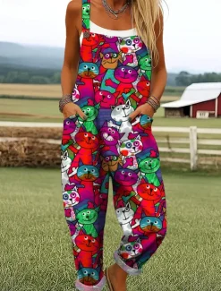 Hot Women's Dungarees Active Graphic Sleeveless Wide Leg Print Vacation Street Loose Fit Yellow Red Blue Summer Women Jumpsuits|Graphic Jumpsuit