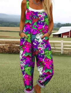 Hot Women's Dungarees Active Graphic Sleeveless Wide Leg Print Vacation Street Loose Fit Yellow Red Blue Summer Women Jumpsuits|Graphic Jumpsuit
