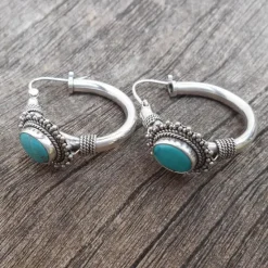 Clearance Women's Earrings Vintage Metal Green Stone Hoop Hook Hand Engraved Pattern Turquoise Earrings Set Boho Ethnic Jewelry Women Trendy Jewelry