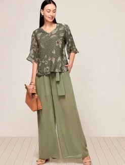 Online Women's Elegant Blouse Wide Leg Pants Half Sleeve V Neck Floral Bow WorkWear Daily Wear Summer Loose Fit Women Two Piece Sets