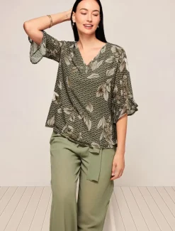 Online Women's Elegant Blouse Wide Leg Pants Half Sleeve V Neck Floral Bow WorkWear Daily Wear Summer Loose Fit Women Two Piece Sets