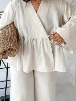Women's Elegant Bohemia Vacation Pants Sets Long Sleeve Bell Sleeve V Neck Solid Color Lace up Ruched Ruffle Outdoor Vacation Party off white Pink khaki Summer Loose Fit Women Two Piece Sets