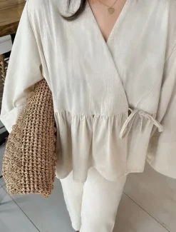 Women's Elegant Bohemia Vacation Pants Sets Long Sleeve Bell Sleeve V Neck Solid Color Lace up Ruched Ruffle Outdoor Vacation Party off white Pink khaki Summer Loose Fit Women Two Piece Sets