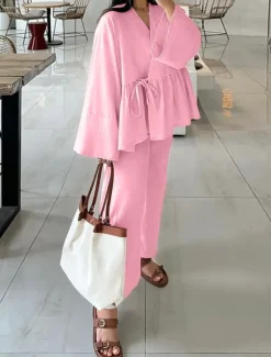 Women's Elegant Bohemia Vacation Pants Sets Long Sleeve Bell Sleeve V Neck Solid Color Lace up Ruched Ruffle Outdoor Vacation Party off white Pink khaki Summer Loose Fit Women Two Piece Sets