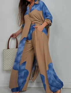 Discount Women's Elegant Bohemia Vacation Shirt Pants Sets Long Sleeve Shirt Collar Graphic Patchwork Outdoor Vacation Party claret Navy Blue Summer Loose Fit Women Two Piece Sets