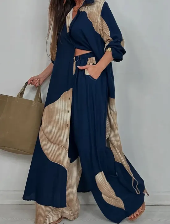 Discount Women's Elegant Bohemia Vacation Shirt Pants Sets Long Sleeve Shirt Collar Graphic Patchwork Outdoor Vacation Party claret Navy Blue Summer Loose Fit Women Two Piece Sets