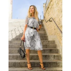 Discount Women's Elegant Chiffon Dress Floral Mesh Print Crew Neck Midi Dress Daily Vacation Short Sleeve Summer Spring Women Chiffon Dresses