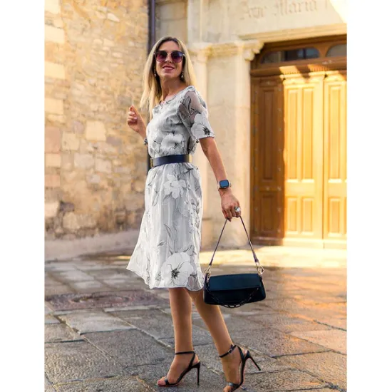 Discount Women's Elegant Chiffon Dress Floral Mesh Print Crew Neck Midi Dress Daily Vacation Short Sleeve Summer Spring Women Chiffon Dresses
