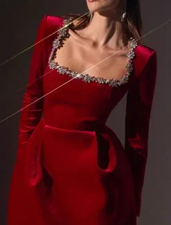 New Women's Elegant Dress Midi Dress Patchwork Elegant U Neck Black White Red Color Women Cocktail Dress
