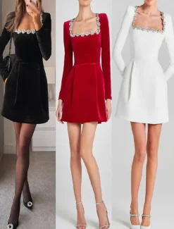 New Women's Elegant Dress Midi Dress Patchwork Elegant U Neck Black White Red Color Women Cocktail Dress