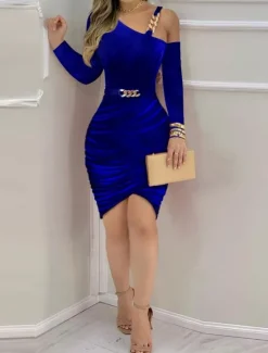 Clearance Women's Elegant Dress Midi Dress Ruched Cold Shoulder Date Elegant One Shoulder Long Sleeve Red Blue Green Color Women Cocktail Dress