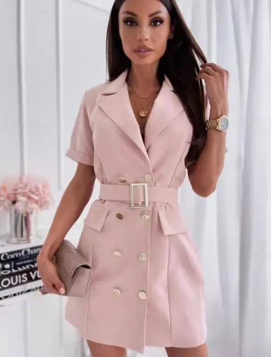 Women's Elegant Dress Mini Dress With Belt Double Breasted Vacation Elegant V Neck Short Sleeve Black White Pink Color Women Work Dresses