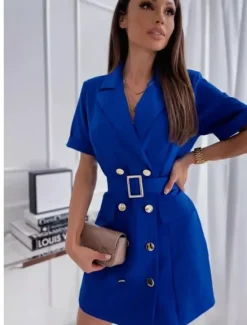 Women's Elegant Dress Mini Dress With Belt Double Breasted Vacation Elegant V Neck Short Sleeve Black White Pink Color Women Work Dresses