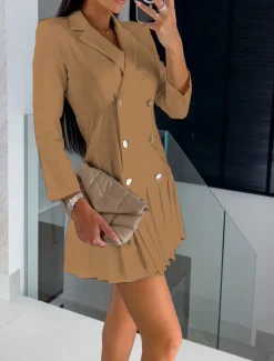 Best Women's Elegant Dress Mini Dress Pleated Double Breasted Elegant V Neck Long Sleeve Light Pink Black White Color Women Work Dresses