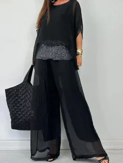 Outlet Women's Elegant Fashion Blouse Pants Trousers 3/4 Length Sleeve Round Neck Solid Color Sequins Mesh Work Daily Black Purple Brown Summer Loose Fit Women Two Piece Sets