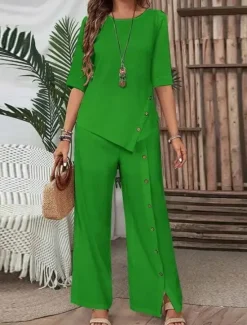 Discount Women's Elegant Fashion Streetwear Pants Sets Half Sleeve Round Neck Solid Color Patchwork Casual Daily Black White Green Summer Regular Fit Women Two Piece Sets