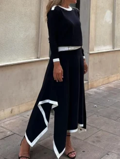 Sale Women's Elegant Fashion Streetwear Blouse Skirt Long Sleeve Crew Neck Solid Color Formal Party Work Black White Brown Spring Loose Fit Women Two Piece Sets