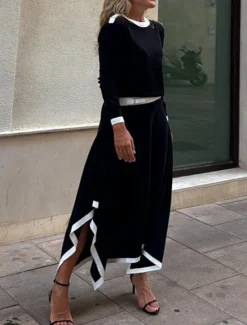Sale Women's Elegant Fashion Streetwear Blouse Skirt Long Sleeve Crew Neck Solid Color Formal Party Work Black White Brown Spring Loose Fit Women Two Piece Sets