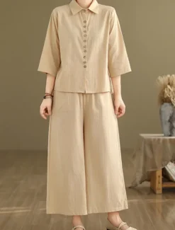 New Women's Elegant Fashion Streetwear Cotton Linen Sets 3/4 Length Sleeve Shirt Collar Solid Color Outdoor Work Casual Orange Brown Khaki Summer Regular Fit Women Sets