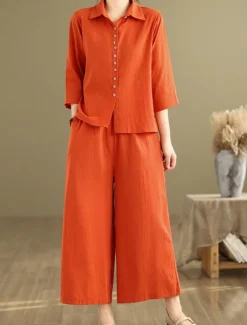 New Women's Elegant Fashion Streetwear Cotton Linen Sets 3/4 Length Sleeve Shirt Collar Solid Color Outdoor Work Casual Orange Brown Khaki Summer Regular Fit Women Sets
