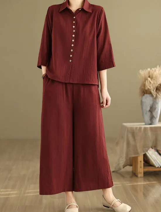 New Women's Elegant Fashion Streetwear Cotton Linen Sets 3/4 Length Sleeve Shirt Collar Solid Color Outdoor Work Casual Orange Brown Khaki Summer Regular Fit Women Sets