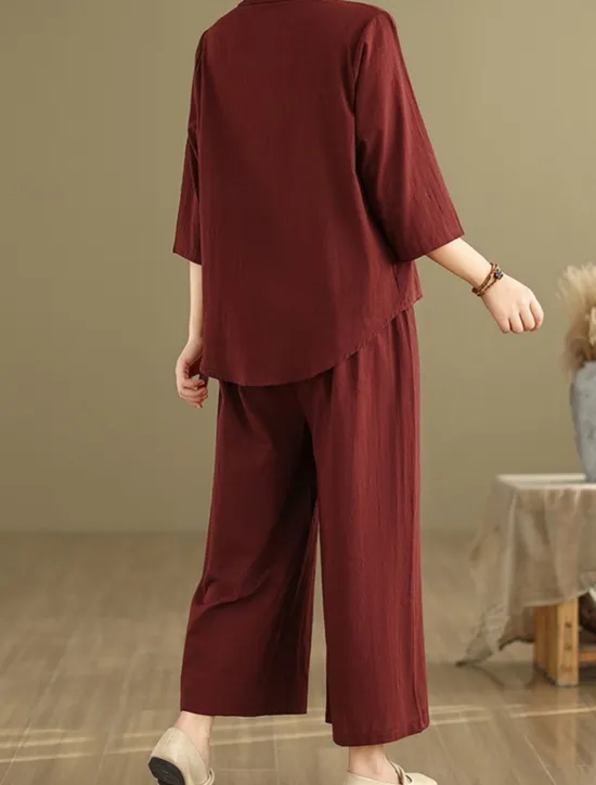 New Women's Elegant Fashion Streetwear Cotton Linen Sets 3/4 Length Sleeve Shirt Collar Solid Color Outdoor Work Casual Orange Brown Khaki Summer Regular Fit Women Sets