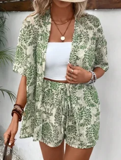 Online Women's Elegant Fashion Streetwear Shirt Blouse Baggy Shorts Half Sleeve V Neck Graphic Print Outdoor Work Casual Black Brown Green Summer Regular Fit Women Two Piece Sets
