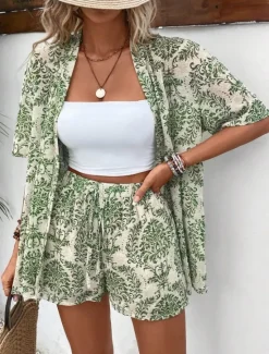 Online Women's Elegant Fashion Streetwear Shirt Blouse Baggy Shorts Half Sleeve V Neck Graphic Print Outdoor Work Casual Black Brown Green Summer Regular Fit Women Two Piece Sets
