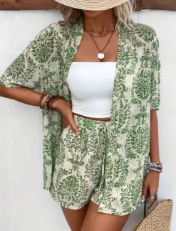 Online Women's Elegant Fashion Streetwear Shirt Blouse Baggy Shorts Half Sleeve V Neck Graphic Print Outdoor Work Casual Black Brown Green Summer Regular Fit Women Two Piece Sets