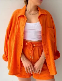 Outlet Women's Elegant Fashion Streetwear Cotton Linen Sets Long Sleeve Shirt Collar Solid Color Outdoor Work Casual Black Purple Orange Summer Loose Fit Women Two Piece Sets