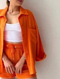 Outlet Women's Elegant Fashion Streetwear Cotton Linen Sets Long Sleeve Shirt Collar Solid Color Outdoor Work Casual Black Purple Orange Summer Loose Fit Women Two Piece Sets
