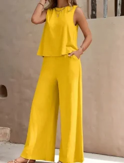 Hot Women's Elegant Fashion Streetwear Two Piece Sets Blouse Vest Pants Trousers Sleeveless Crew Neck Solid Color Outdoor Work Casual Black Yellow Dark Navy Summer Regular Fit Women Sets