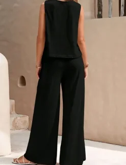 Hot Women's Elegant Fashion Streetwear Two Piece Sets Blouse Vest Pants Trousers Sleeveless Crew Neck Solid Color Outdoor Work Casual Black Yellow Dark Navy Summer Regular Fit Women Sets
