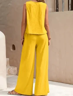 Hot Women's Elegant Fashion Streetwear Two Piece Sets Blouse Vest Pants Trousers Sleeveless Crew Neck Solid Color Outdoor Work Casual Black Yellow Dark Navy Summer Regular Fit Women Sets