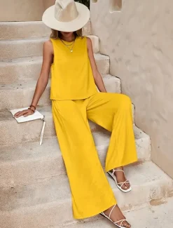 Hot Women's Elegant Fashion Streetwear Two Piece Sets Blouse Vest Pants Trousers Sleeveless Crew Neck Solid Color Outdoor Work Casual Black Yellow Dark Navy Summer Regular Fit Women Sets