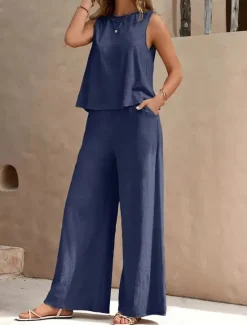 Hot Women's Elegant Fashion Streetwear Two Piece Sets Blouse Vest Pants Trousers Sleeveless Crew Neck Solid Color Outdoor Work Casual Black Yellow Dark Navy Summer Regular Fit Women Sets