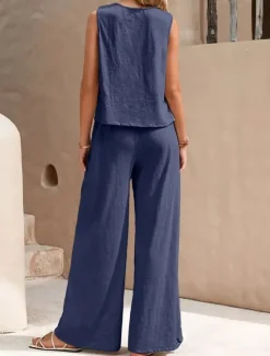 Hot Women's Elegant Fashion Streetwear Two Piece Sets Blouse Vest Pants Trousers Sleeveless Crew Neck Solid Color Outdoor Work Casual Black Yellow Dark Navy Summer Regular Fit Women Sets