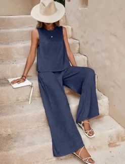 Hot Women's Elegant Fashion Streetwear Two Piece Sets Blouse Vest Pants Trousers Sleeveless Crew Neck Solid Color Outdoor Work Casual Black Yellow Dark Navy Summer Regular Fit Women Sets