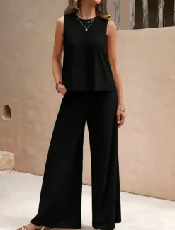 Hot Women's Elegant Fashion Streetwear Two Piece Sets Blouse Vest Pants Trousers Sleeveless Crew Neck Solid Color Outdoor Work Casual Black Yellow Dark Navy Summer Regular Fit Women Sets