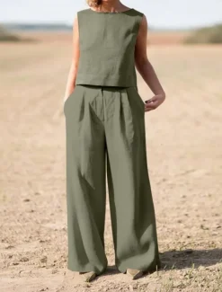Hot Women's Elegant Fashion Streetwear Shirt Blouse Sleeveless Crew Neck Solid Color Outdoor Work Casual Navy Blue Orange Green Summer Loose Fit Women Sets|Two Piece Sets