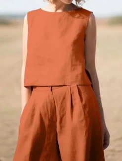 Hot Women's Elegant Fashion Streetwear Shirt Blouse Sleeveless Crew Neck Solid Color Outdoor Work Casual Navy Blue Orange Green Summer Loose Fit Women Sets|Two Piece Sets