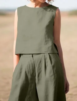 Hot Women's Elegant Fashion Streetwear Shirt Blouse Sleeveless Crew Neck Solid Color Outdoor Work Casual Navy Blue Orange Green Summer Loose Fit Women Sets|Two Piece Sets