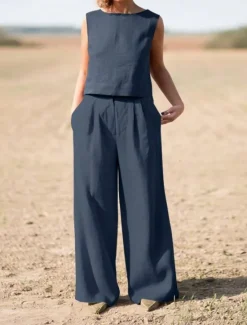 Hot Women's Elegant Fashion Streetwear Shirt Blouse Sleeveless Crew Neck Solid Color Outdoor Work Casual Navy Blue Orange Green Summer Loose Fit Women Sets|Two Piece Sets