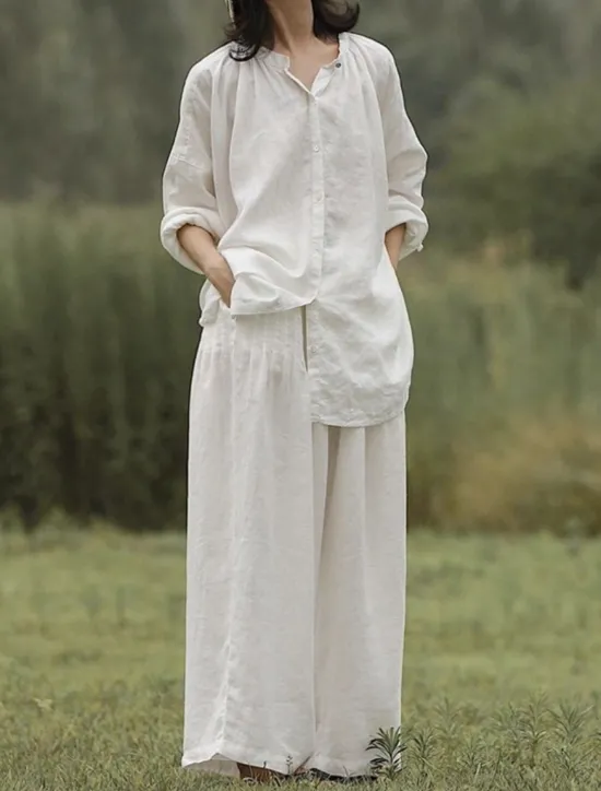 Discount Women's Elegant Fashion Streetwear Cotton Linen Sets Long Sleeve Shirt Collar Plain Outdoor Work Casual Summer Regular Fit Women Sets