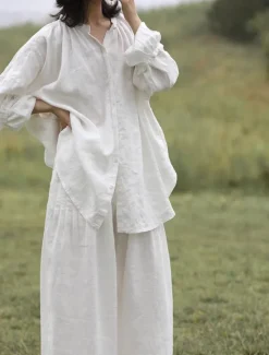 Discount Women's Elegant Fashion Streetwear Cotton Linen Sets Long Sleeve Shirt Collar Plain Outdoor Work Casual Summer Regular Fit Women Sets