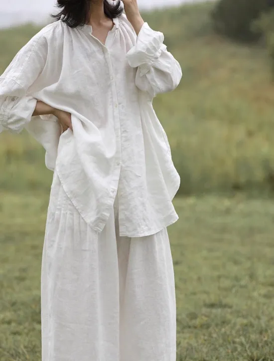 Discount Women's Elegant Fashion Streetwear Cotton Linen Sets Long Sleeve Shirt Collar Plain Outdoor Work Casual Summer Regular Fit Women Sets