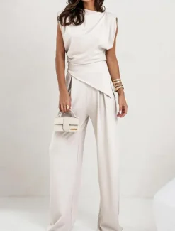 New Women's Elegant Fashion Streetwear Pants Sets Sleeveless Crew Neck Solid Color Ruched Formal Casual Daily Dark Grey White Khaki Summer Regular Fit Women Two Piece Sets