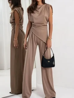 New Women's Elegant Fashion Streetwear Pants Sets Sleeveless Crew Neck Solid Color Ruched Formal Casual Daily Dark Grey White Khaki Summer Regular Fit Women Two Piece Sets
