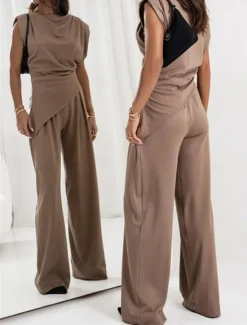New Women's Elegant Fashion Streetwear Pants Sets Sleeveless Crew Neck Solid Color Ruched Formal Casual Daily Dark Grey White Khaki Summer Regular Fit Women Two Piece Sets